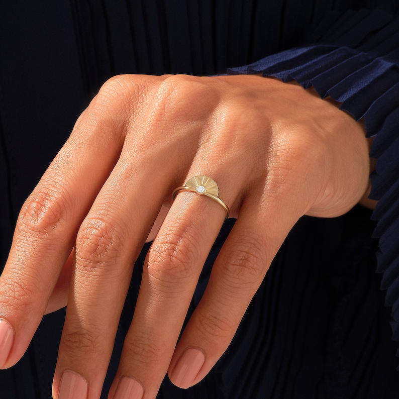 Solo Diamond Sunshine Ring Boho Sun Ring 14k 18k 10k Solid Gold Dainty Sunburst Ring Women Minimalist Celestial Ring Half Sunset Ring image 4