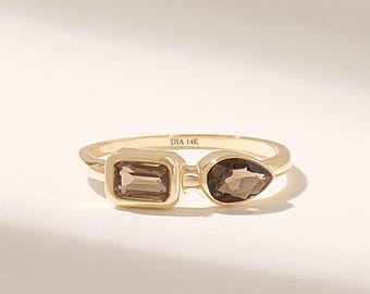 14K Solid Gold Toi Et Moi Ring with Brown Gray Diamonds, Engagement Ring Women