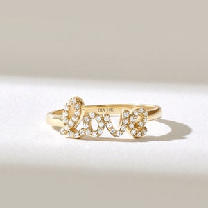 Diamond Love Ring, Pave Diamond Ring, Love Script Ring Solid Gold Diamond Ring, Gift for Girlfriend, Dainty Diamond Band