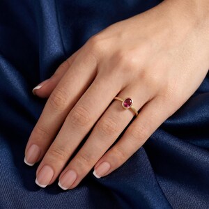 14K Solid Gold Ruby Ring, Minimalist Bezel Set Oval Lab Created Ruby Solitaire Ring, Dainty Pink Gemstone Ring, Gift for Her