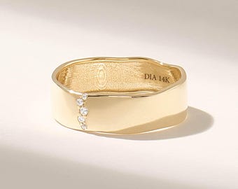 14K Solid Gold Wavy Wedding Band, Pave Diamond Ring, Dainty Curved Diamond Band, Thick Gold Wedding Ring