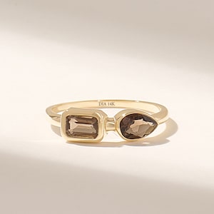 Brown Gray Toi et Moi Ring, Baguette Pear Engagement Ring Women, Unique You and Me Ring, 14k Solid Gold East West Anniversary Ring,