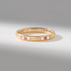 14K Solid Gold Ruby & Diamond Band Ring, Minimalist Lab Created Ruby Wedding Band, Pavé Lab Created Diamond Stackable Ring, Gift for Women