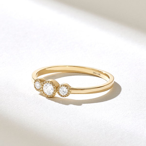 Three Stone Bezel Engagement Ring | 14k Gold Trilogy Ring | Bezel Set Diamond Ring Women | Dainty Round Diamond Ring | Anniversary Gift