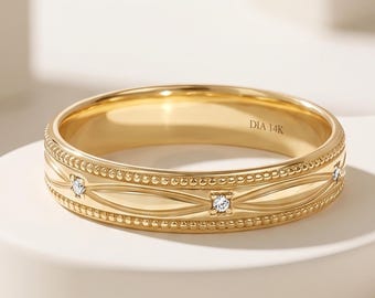 14K Solid Gold Pave Diamond Wedding Band, Milgrain Stacking Ring, 4mm Vintage Anniversary Ring, Yellow Rose White Gold, Comfort Bridal Gift
