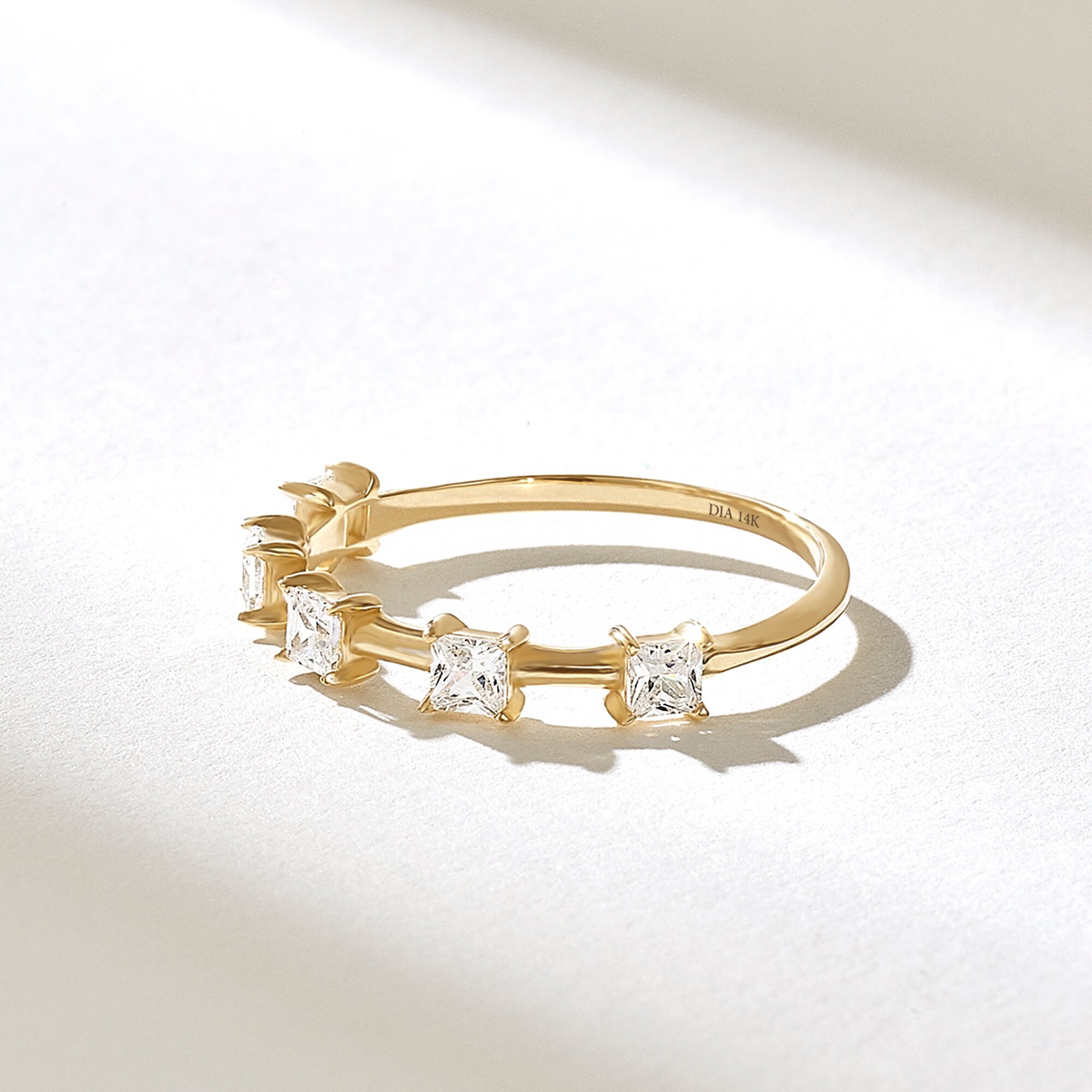 Diamond Wedding Ring, 14k Solid Gold Half Eternity Ring, Princess Cut Diamond Ring, 5 Stone Ring for Bride, 0.5ct Diamond Ring for Women