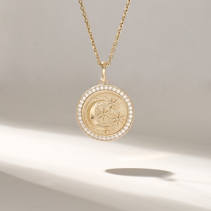 Moon & Stars Circle Charm Necklace, 14k Solid Yellow Gold Coin Pendant, Pave Real Diamond Disc Necklace, Crescent Moon Celestial Jewelry