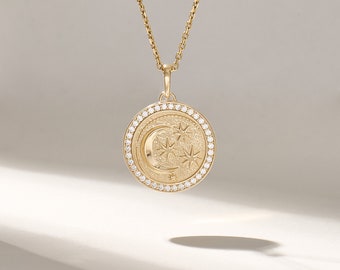 Moon & Stars Circle Charm Necklace, 14k Solid Yellow Gold Coin Pendant, Pave Real Diamond Disc Necklace, Crescent Moon Celestial Jewelry