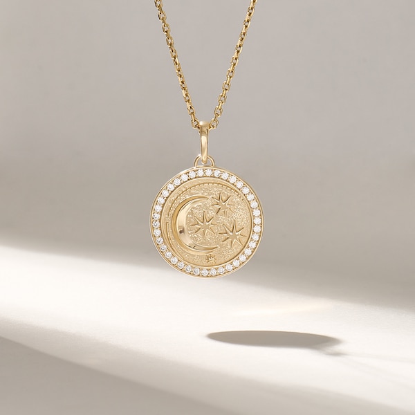 Moon & Stars Circle Charm Necklace, 14k Solid Yellow Gold Coin Pendant, Pave Real Diamond Disc Necklace, Crescent Moon Celestial Jewelry