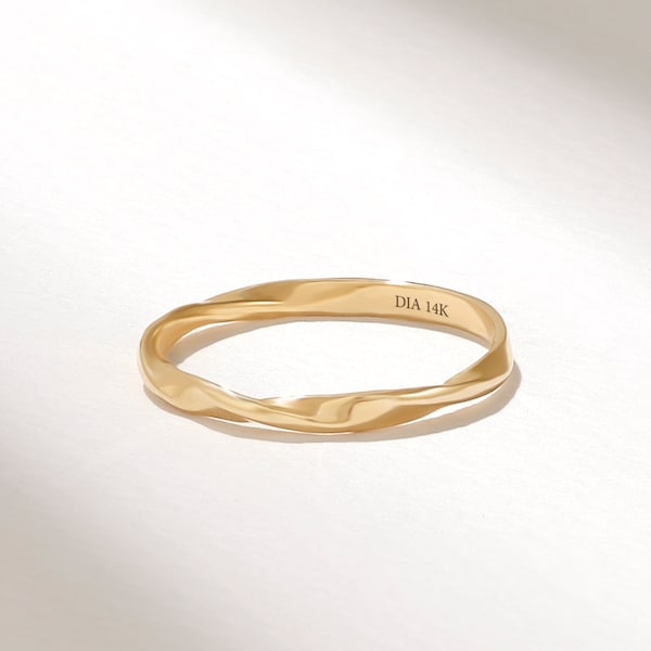 14k Gold Twist Wedding Band, Men Women Simple Mobius Ring, Solid Gold Plain Stacking Band, Couples Thin Matching Ring, His Her Gold Band