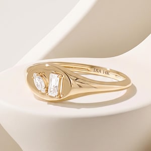 Diamond Signet Ring, 14K Solid Gold Oval Pinky Ring with Baguette & Marquise Natural Diamonds