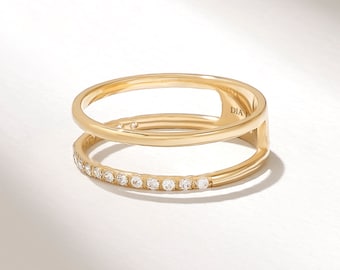 Beeindruckender Pave-Diamant-Doppel-Ehering, 14k solides Gold-Minimal-Ring-Enhancer, dünner zweisträngiger halber Eternity-Ring, einzigartiger Frauenring