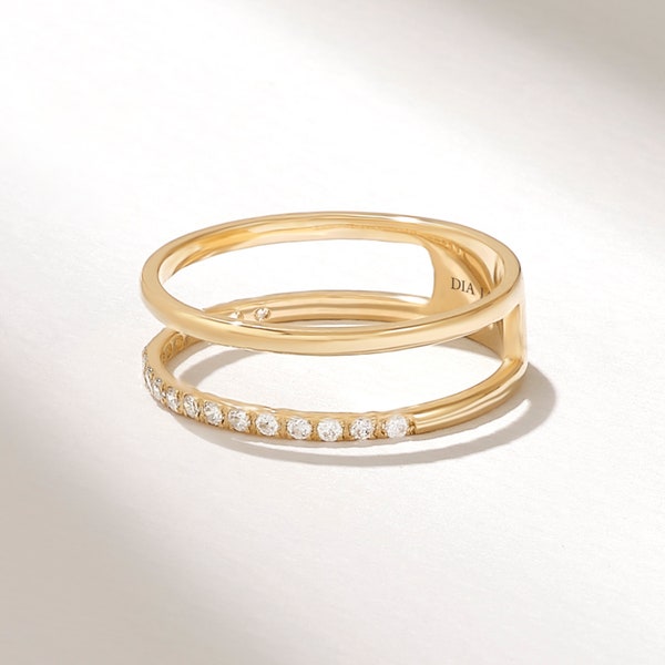 Stunning Pave Diamond Double Wedding Band , 14k Solid Gold Minimal Ring Enhancer, Thin Two Strand Half Eternity Ring, Womens Unique Ring