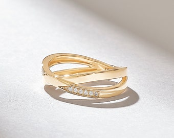 Kanal-Set Diamant Crossover Ring | Doppelband Ehering|Minimalistischer X Cross Statement Ring für den täglichen Gebrauch für Damen 10k_14k_18k Gold