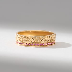 Lab Ruby Wedding Band, 14K Solid Gold Vintage Filigree Ring, Floral Engraved Band, Antique Style Lab Created Ruby Ring, Anniversary Band
