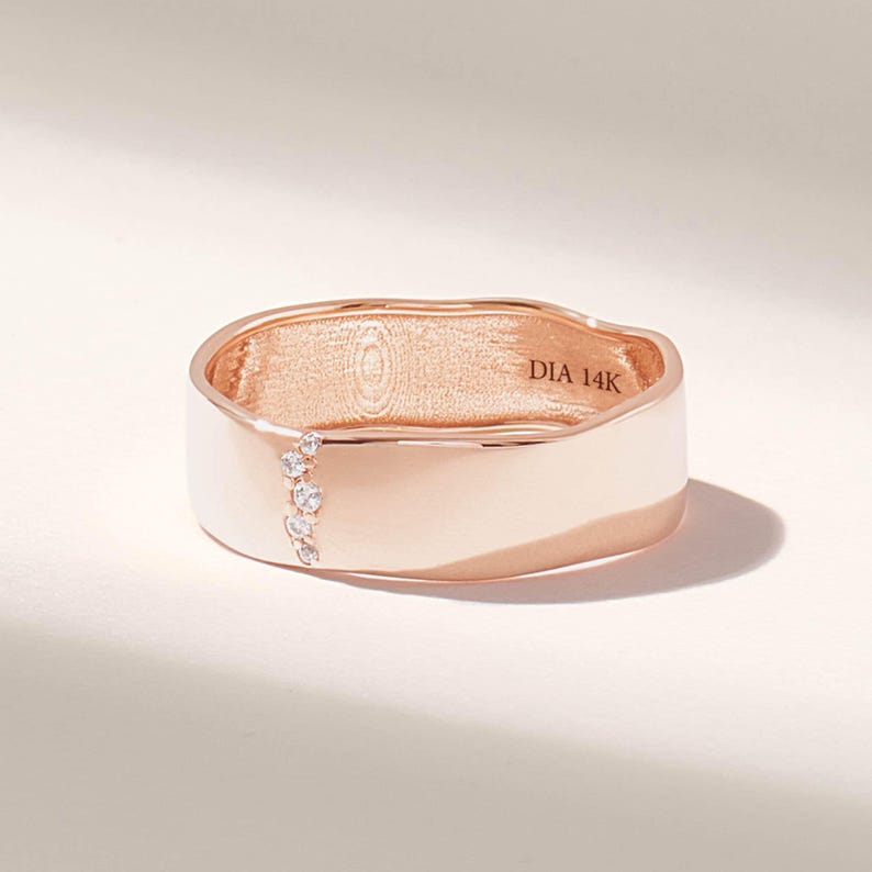 Wavy Diamond Wedding Band Women, 14K Solid Gold Pave Ring Thick, Unique Wedding Rings For Women, Wide Alliance Femme imagen 5