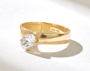 Bague diamant solitaire audacieux, bague de fiançailles épaisse en or 14 carats, bague diamant ovale en or massif, grosse bague d'anniversaire diamant véritable