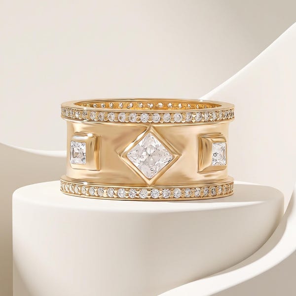 Diamond Cigar Wedding Band, Unique Diamond Eternity Ring, 14K Solid Gold Princess Diamond Band, Vintage Gold Band