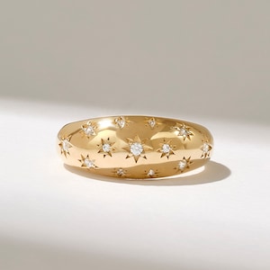 Star Dome Ring 14k Solid Gold Womens Chunky Gold Ring 18k Gold Statement Ring Thick Signet Ring Celestial Bombe Ring Jewelry Gift for Her
