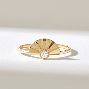 Solo Diamond Sunshine Ring Boho Sun Ring 14k 18k 10k Solid Gold Dainty Sunburst Ring Women Minimalist Celestial Ring Half Sunset Ring image 2
