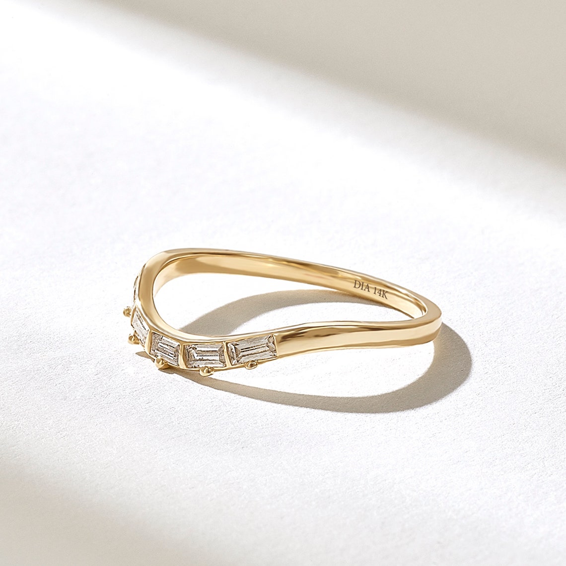 Diamond Baguette Curved Ring 14k Solid Gold Curved Wedding image 1