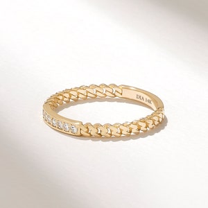 Diamond Pave Chain Ring | Womens Link Eternity Ring 14k Solid Gold | Slim Cuban Chain Wedding Ring | Ladies Stackable Wedding Ring Enhancer