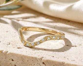 Curved Diamond Wedding Band Solid 14K Gold Contour Nesting Arch Ring Enhancer