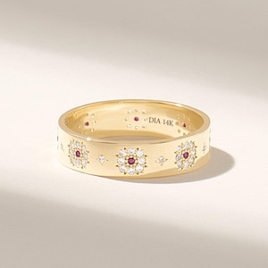 14k Solid Gold Ruby Wedding Band, Floral Diamond Pave Stacking Ring, Unique Gold Band for Her, Delicate Vintage Style Anniversary Ring