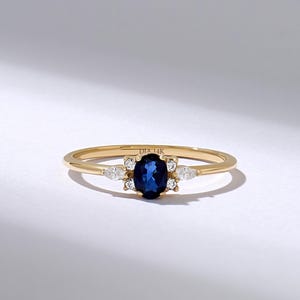 14K Solid Gold Oval Sapphire Ring for Women, Minimalist Engagement Ring, Lab Created Blue Sapphire & Diamond Jewelry Gift, Dainty Gem Ring