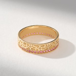 Lab Ruby Wedding Band, 14K Solid Gold Vintage Filigree Ring, Floral Engraved Band, Antique Style Lab Created Ruby Ring, Anniversary Band