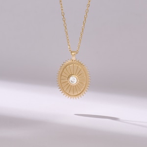 Oval Shape Sunbeam Necklace, 14k Solid Yellow Gold Minimalist Pendant, Bezel Real Dimond Necklace, Womens Sunshine Charm, Handmade Jewelry