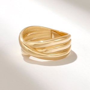 Crossover Wedding Band, Solid Gold Thick Band Rings for Women, Multi Strand Cigar Band, 14k Gold Chunky Ring, Multi Band Ring