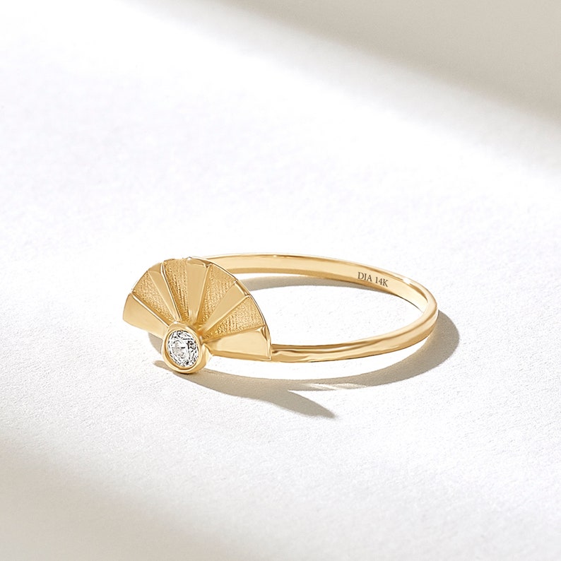 Solo Diamond Sunshine Ring Boho Sun Ring 14k 18k 10k Solid Gold Dainty Sunburst Ring Women Minimalist Celestial Ring Half Sunset Ring image 1