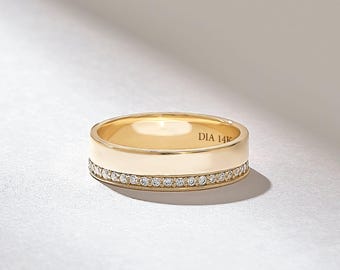 Diamond Wedding Band, 14K Solid Gold Half Pave Ring, One Side Pave Eternity Band, Dainty Diamond Anniversary Ring
