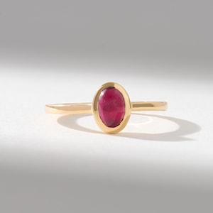 14K Solid Gold Ruby Ring, Minimalist Bezel Set Oval Lab Created Ruby Solitaire Ring, Dainty Pink Gemstone Ring, Gift for Her