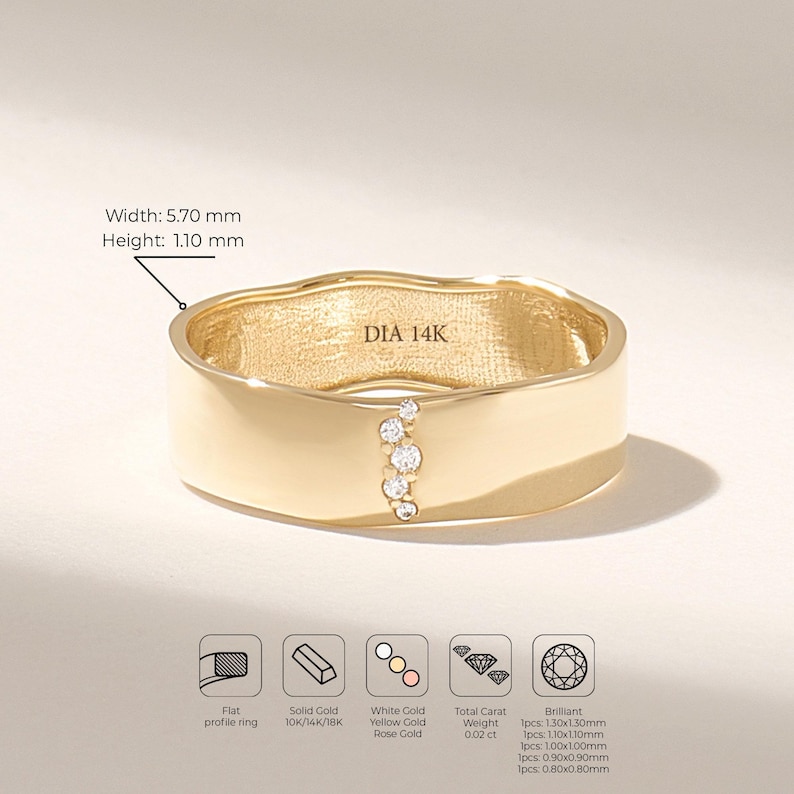 Wavy Diamond Wedding Band Women, 14K Solid Gold Pave Ring Thick, Unique Wedding Rings For Women, Wide Alliance Femme imagen 3