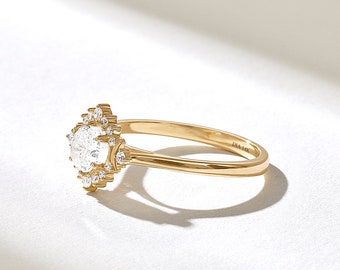 Anillo minimalista de copo de nieve de diamantes / Anillo de compromiso de oro sólido de 14k para mujeres / Anillo de promesa de diamantes reales / Anillo solitario de estilo vintage de oro