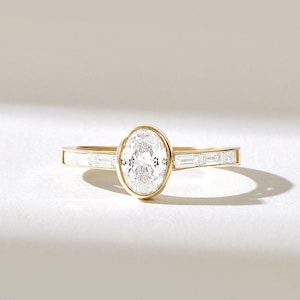 14k Gold Bezel Solitaire Diamond Ring, Solid Gold Oval Engagement Ring, Half Eternity Baguette Diamond Accent Ring, Natural Diamond Ring image 1