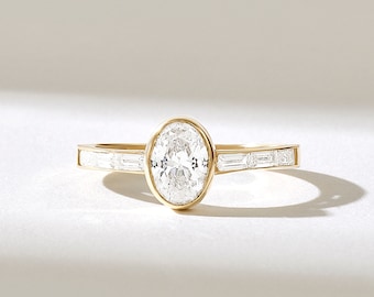 14k Gold Lünette Solitär Diamant Ring, Solid Gold Oval Verlobungsring, Halbe Eternity Baguette Diamant Akzent Ring, Naturdiamant Ring