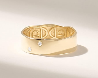 14k Solid Gold Diamond Cigar Band (6mm), Flush Set Wide Wedding Ring for Women, Thick Statement Jewelry
