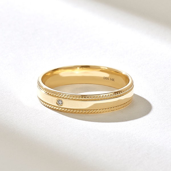 Solo Diamond Milgrain Wedding Band | 14k Solid Gold Classic Marriage Ring | 4MM Wide Matching Ring | Minimalist Couples Ring Comfort Flat