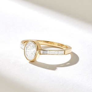 14k Gold Bezel Solitaire Diamond Ring, Solid Gold Oval Engagement Ring, Half Eternity Baguette Diamond Accent Ring, Natural Diamond Ring image 3