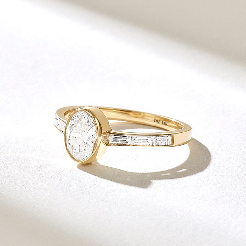 14k Gold Bezel Solitaire Diamond Ring, Solid Gold Oval Engagement Ring, Half Eternity Baguette Diamond Accent Ring, Natural Diamond Ring image 3