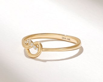 Diamond Premium Knot Ring, 14k Solid Gold Love Knot Ring Women, Dainty Promise Ring, Unique Friendship Ring, Bridesmaids Stackable Ring