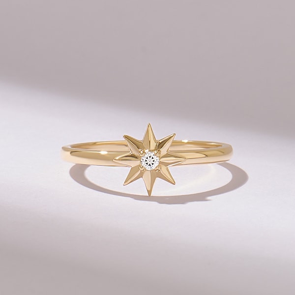 Diamond 8 Point Star Ring, 14k Solid Gold Statement Ring, Unique Starburst Ring for Women, Dainty Northstar Celestial Ring for Daily Wear