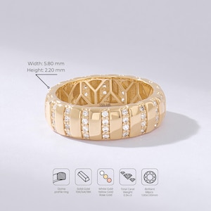 14K massivt guld brett cigarrband, unik räfflad guldring med statement, geometrisk vertikal pavé diamant alliansring, tung modern cocktailring bild 7