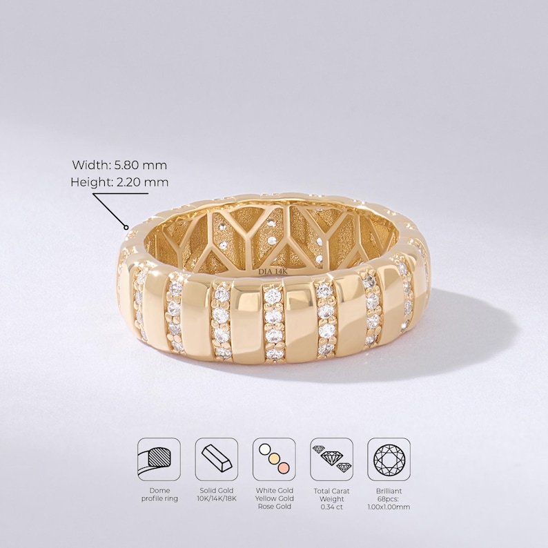 14K massivt guld brett cigarrband, unik räfflad guldring med statement, geometrisk vertikal pavé diamant alliansring, tung modern cocktailring bild 7