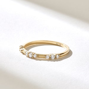 Round Alternating Diamond Wedding Ring | 14k Solid Gold Simple Stacking Ring Women | 1.30MM Slim Marriage Ring | Tiny Diamond Layering Ring