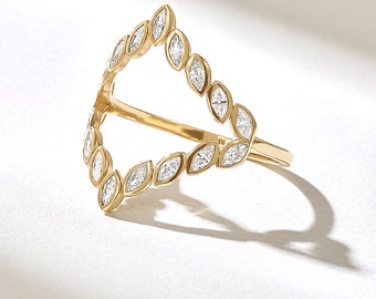 Bezel Diamond Split Marquise Ring | 14k 18k 10k Solid Gold Statement Ring | Unique Initial Finger Ring Women | Special Occasion Ring Gold