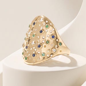 14K Solid Gold Statement Ring | Emerald Sapphire Diamond Band | Perforated Gold Cocktail Ring | Multi Gemstone Wide Ring | Luxury Gift Ring
